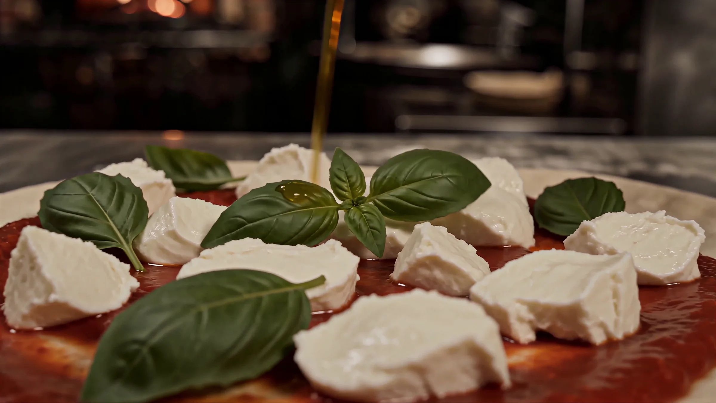 Sauce tomate, mozzarella et basilic déposés sur la pâte