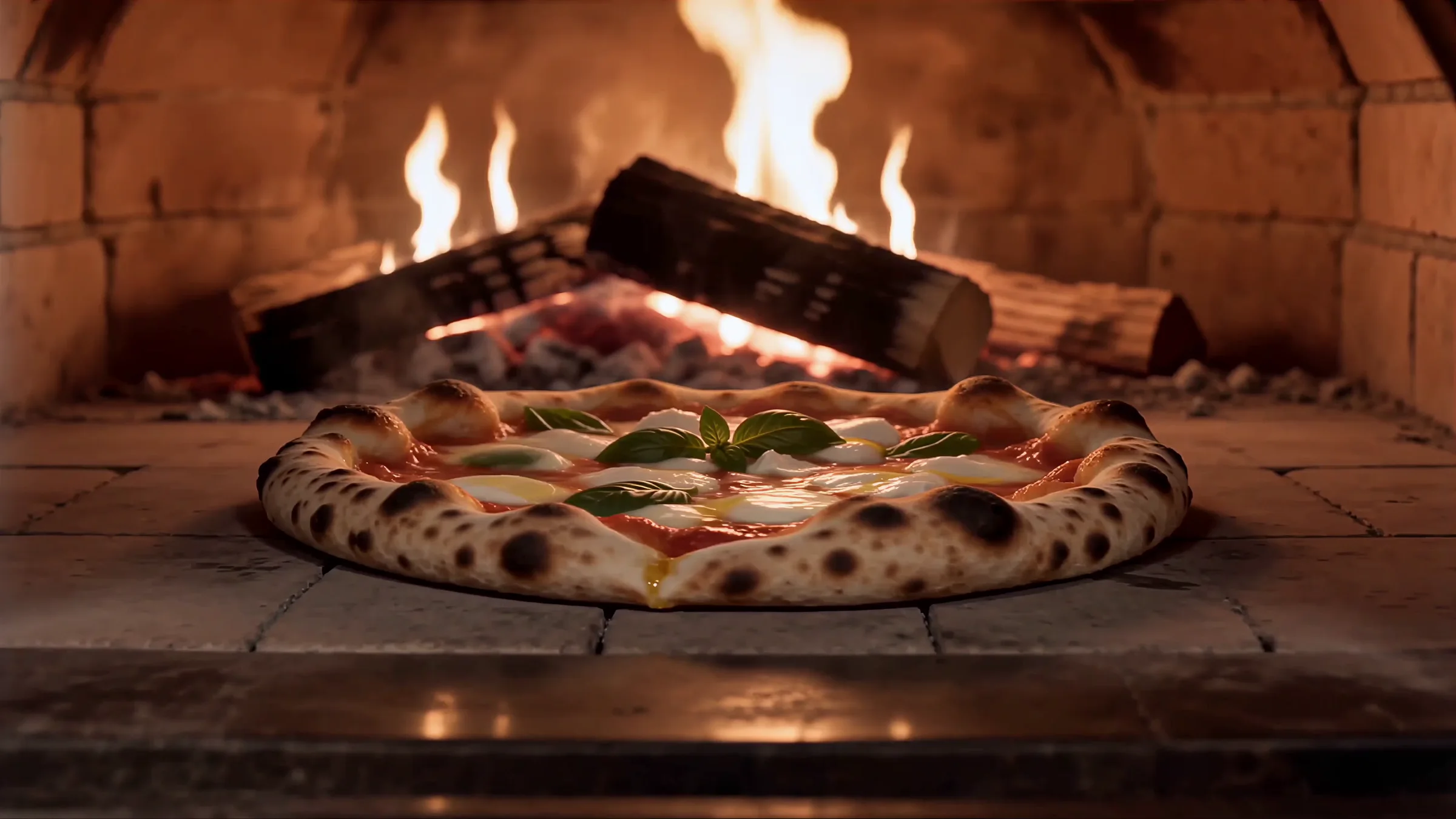 Pizza en cuisson dans les flammes d'un four à bois
