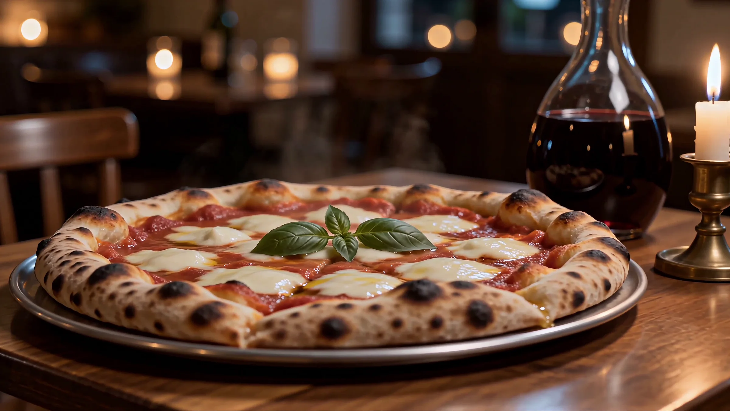 Pizza napolitaine servie sur une table en bois, à la bougie
