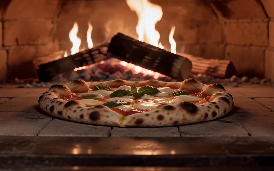 Pizza dans le four à bois