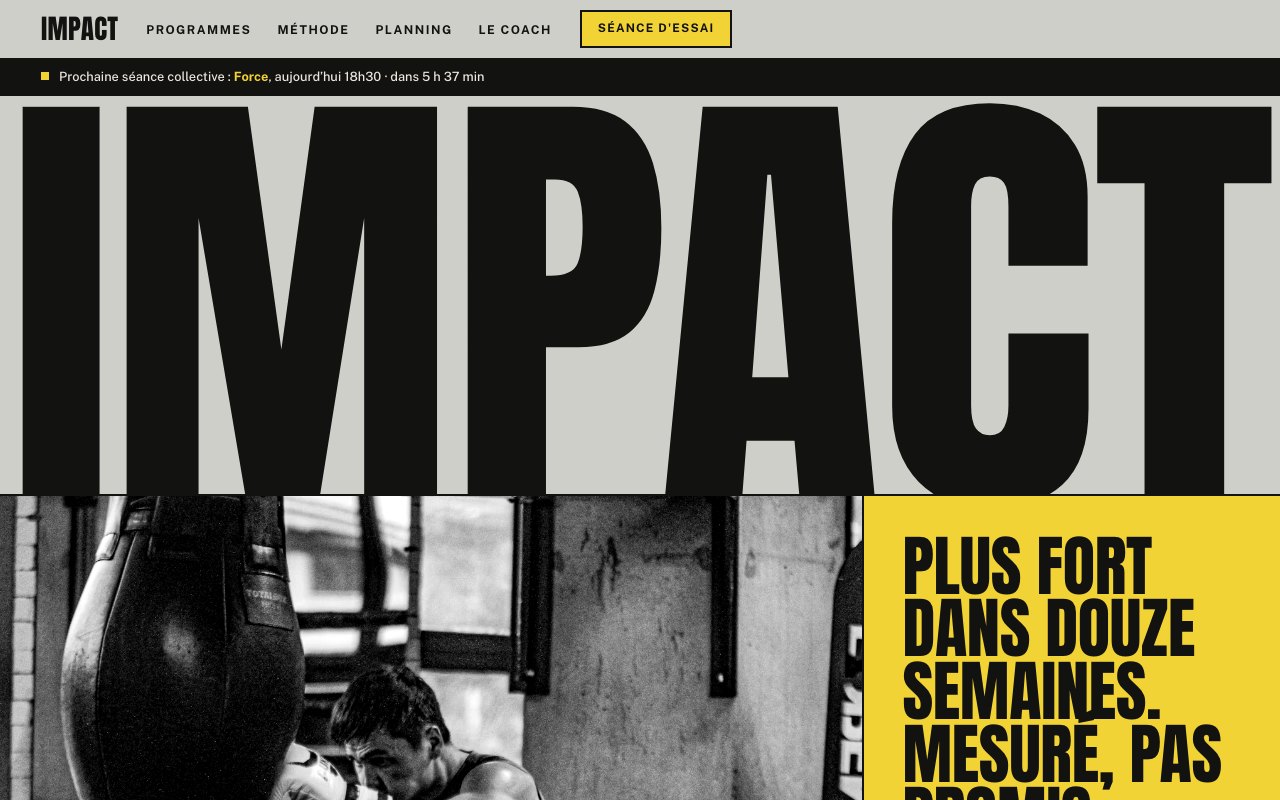 Page d'accueil de la démo IMPACT : le mot IMPACT en très grand, photo de boxe en noir et blanc et bloc jaune « Plus fort dans douze semaines »