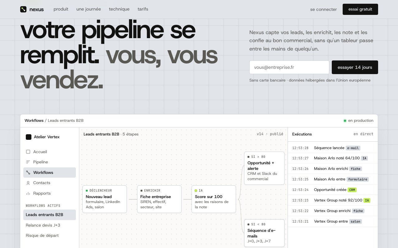 Page d'accueil de la démo Nexus : titre « votre pipeline se remplit, vous, vous vendez » et interface produit avec un workflow de leads animé