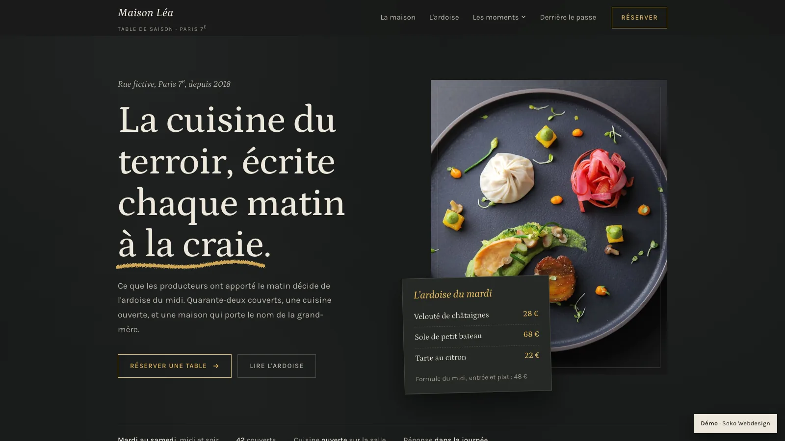 Page d'accueil de la démo Maison Léa : titre sur fond ardoise, assiette dressée et ardoise du jour avec ses prix