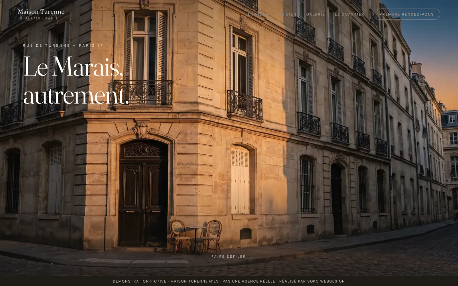 Page d'accueil de la démo Maison Turenne — immeuble haussmannien du Marais à la lumière dorée