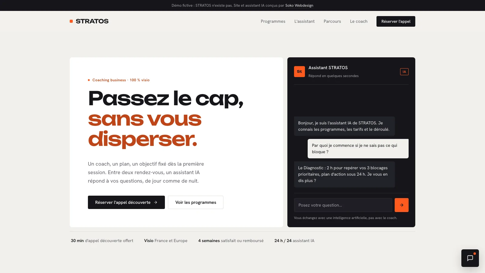 Page d'accueil de la démo STRATOS : titre « Passez le cap, sans vous disperser » et fenêtre de l'assistant IA qui répond à une question